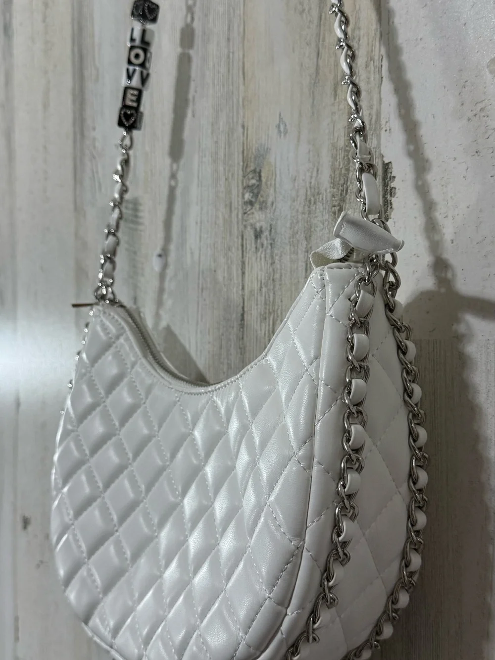 White Quilted Crossbody Bag with Chain Strap and Beaded 'LOVE' Accent